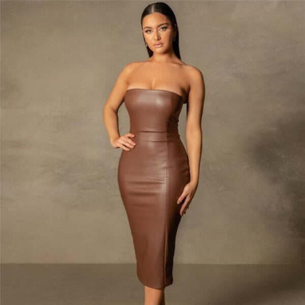 Pure Leather Slim Tube Dress With Rear Slit