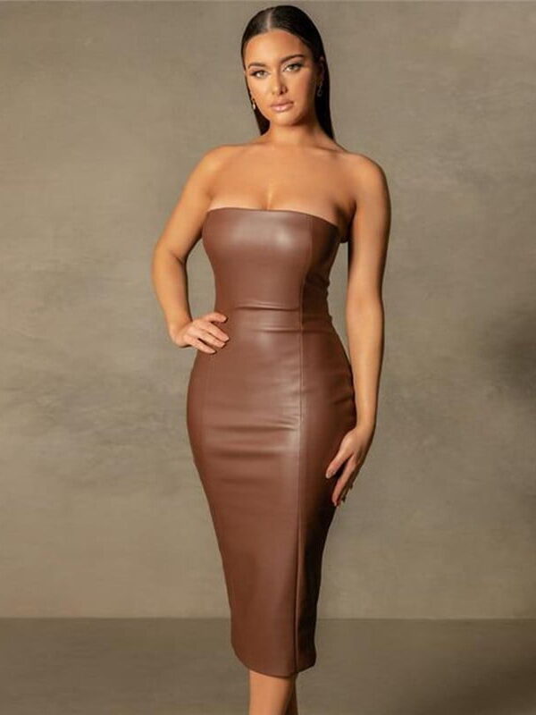 brown leather midi dress