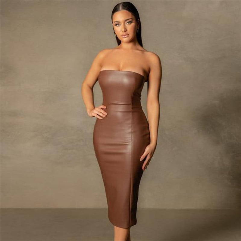 brown leather midi dress