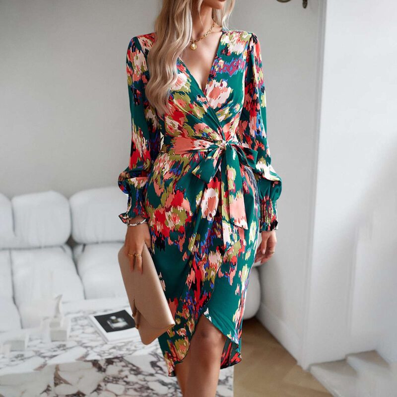 Floral Autumn V-Neck wedding guest dress with sleeves