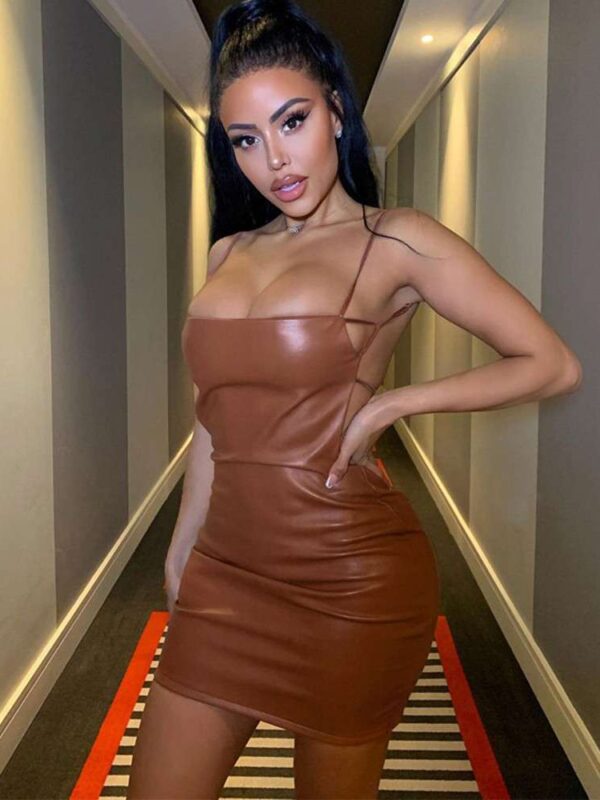 Latex Dress Black and Brown Suspender Short Stap Dress