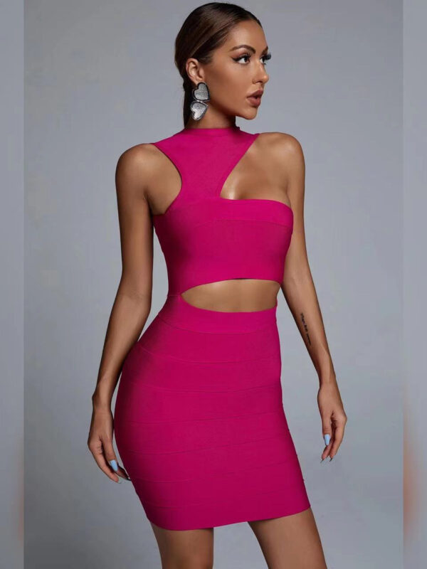 Pink Bear Shoulder Bandage Evening Mini Dress