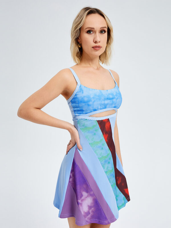 U-Collar Multi Color Hollow A -line Skort Dress