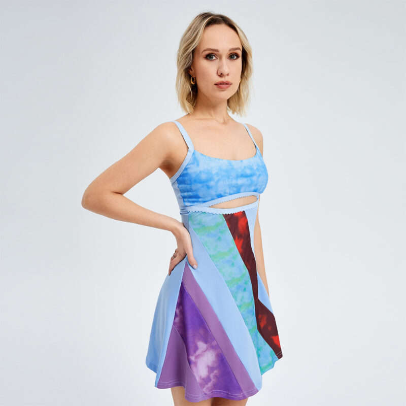 U-Collar Multi Color Hollow A -line Skort Dress