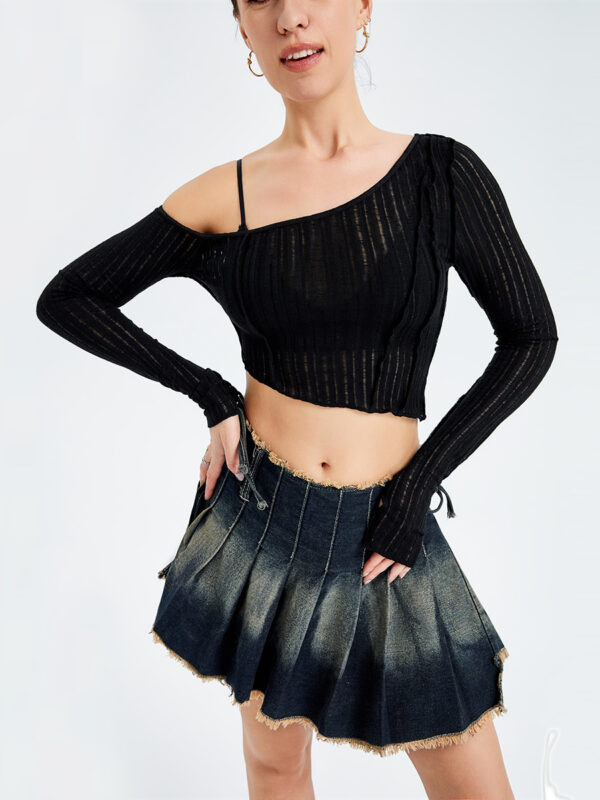 Hollow Out Irregular Long Sleeve Strapless Top