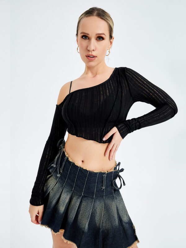 Hollow Out Irregular Long Sleeve Strapless Top