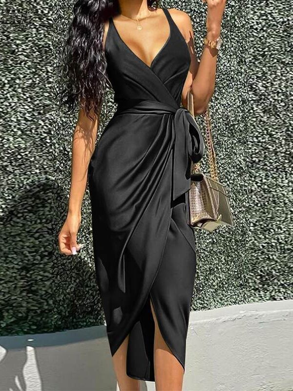 Your Little V Neck Wrap Tie Satin Irregular Dress