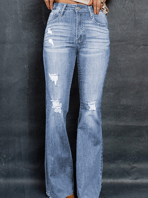 High Waist Slim Denim Washed  Wide Leg Pants