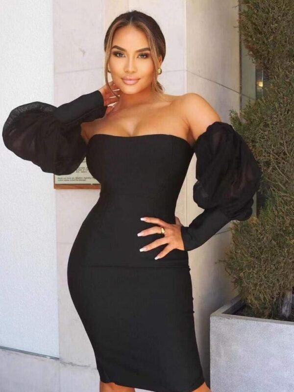 Ballon sleeve Off-shoulder  Bandage Dress