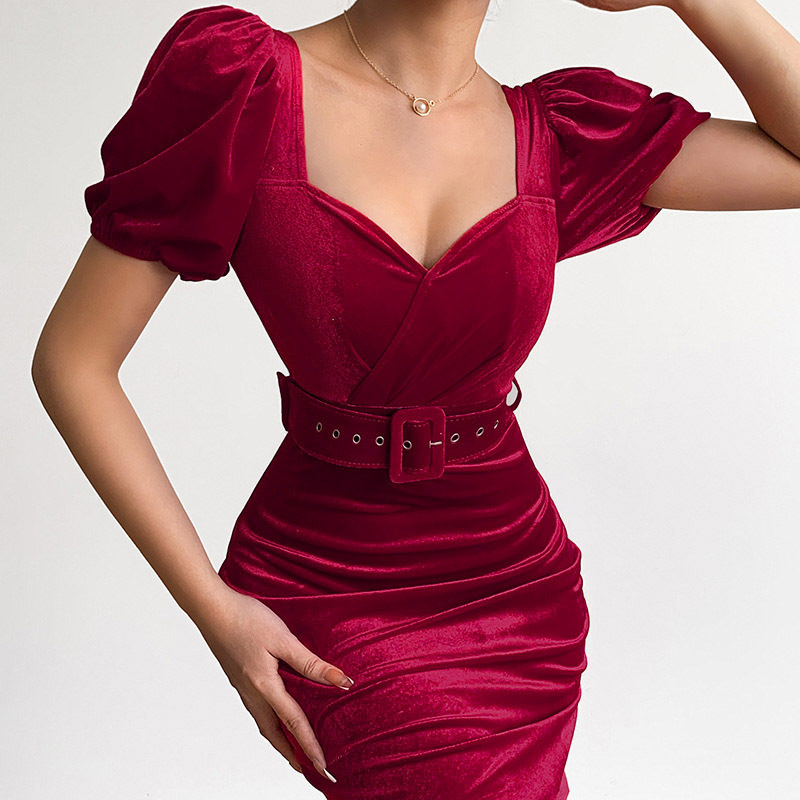 shapeminow Corset Velvet Low Neck Puff Sleeve Dress | ShapeMiNow is your go-to store for all kinds of body shapers, dresses, and statement pieces.
