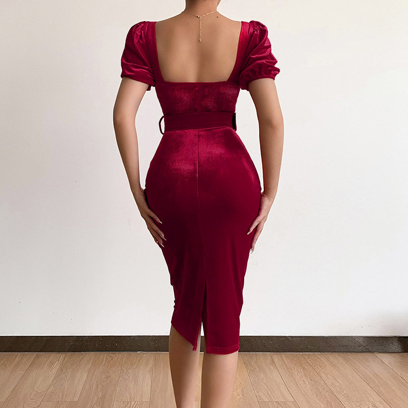 shapeminow Corset Velvet Low Neck Puff Sleeve Dress1 | ShapeMiNow is your go-to store for all kinds of body shapers, dresses, and statement pieces.