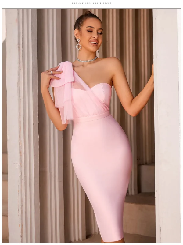 One Diagonal Shoulder Midi Bandage Dress