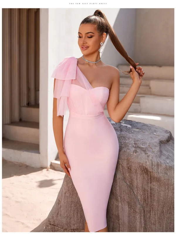 One Diagonal Shoulder Midi Bandage Dress