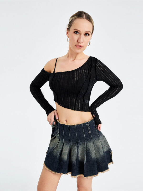 Hollow Out Irregular Long Sleeve Strapless Top