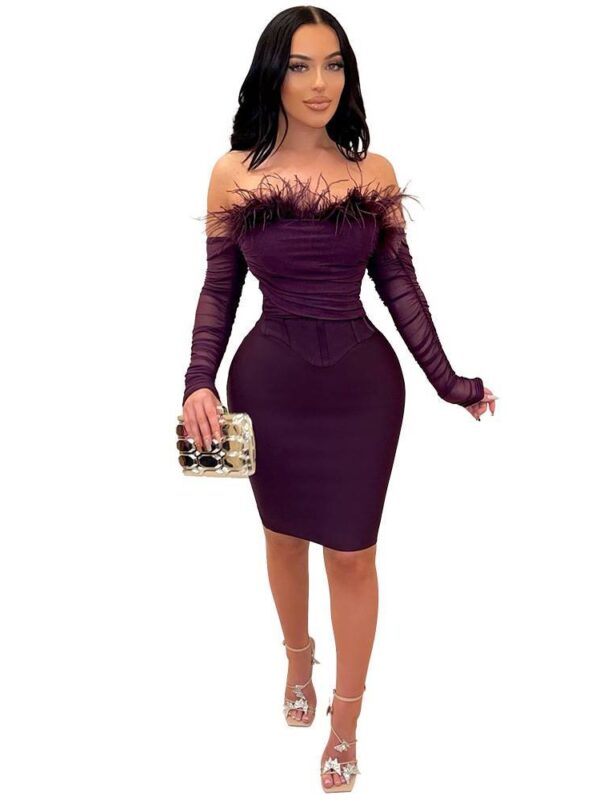 Women's Mid-length Knitted Feather Dress - 2XL, Purple