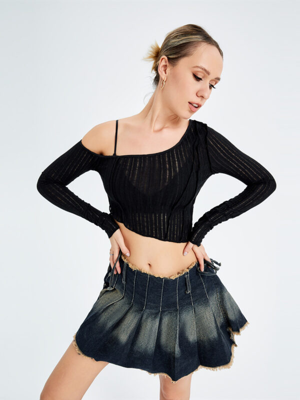 Hollow Out Irregular Long Sleeve Strapless Top