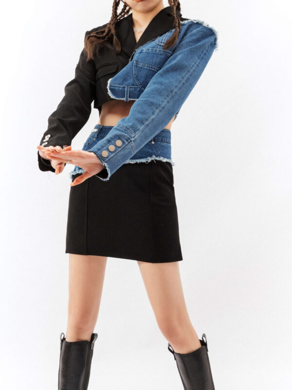 Three-dimensional waist, Notched Collar Denim Jacket & Mini Skirt set for Women