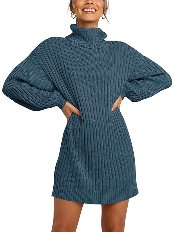 Turtle Collar Mid-Length Sweater Dress
