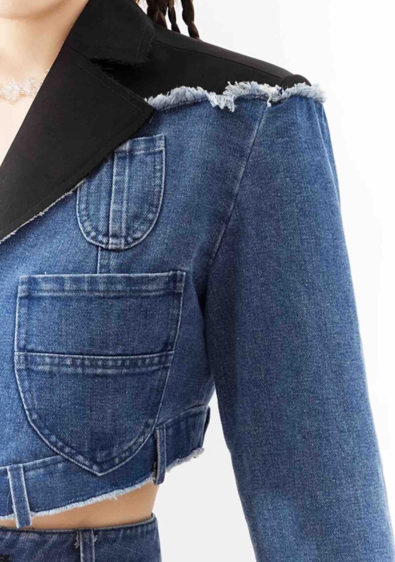 Chic Girl’s 3D Waist Notched Collar Denim Jacket & Mini Skirt Set