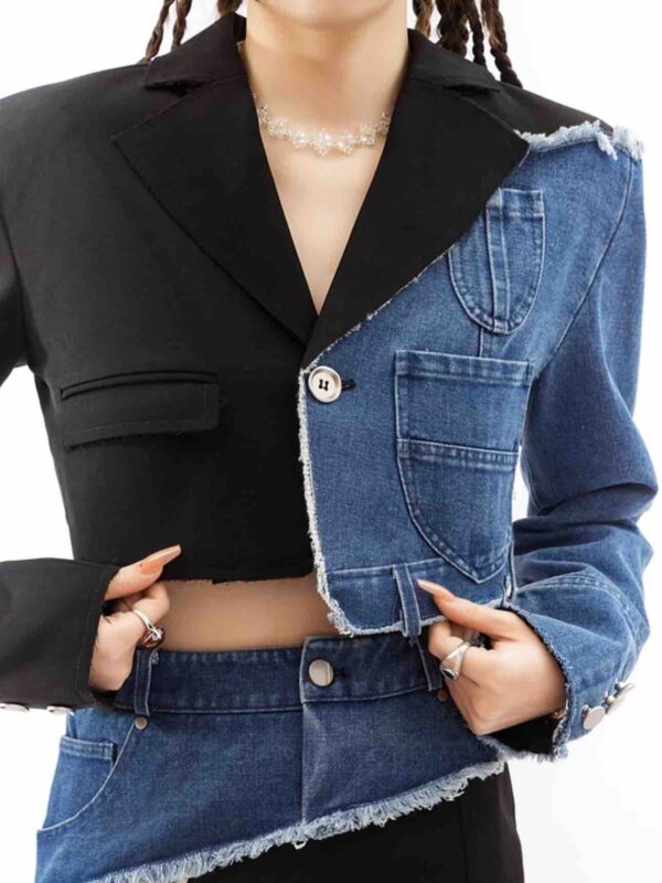 Three-dimensional waist, Notched Collar Denim Jacket & Mini Skirt set for Women