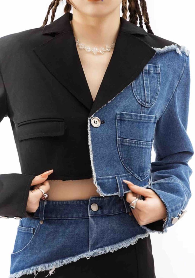 Three-dimensional waist, Notched Collar Denim Jacket & Mini Skirt set for Women