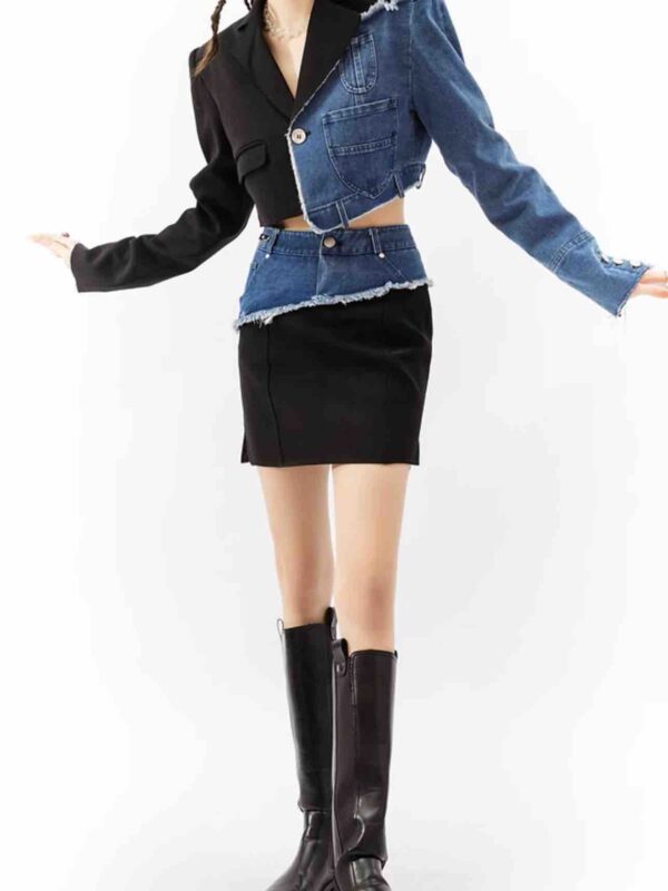 Three-dimensional waist, Notched Collar Denim Jacket & Mini Skirt set for Women