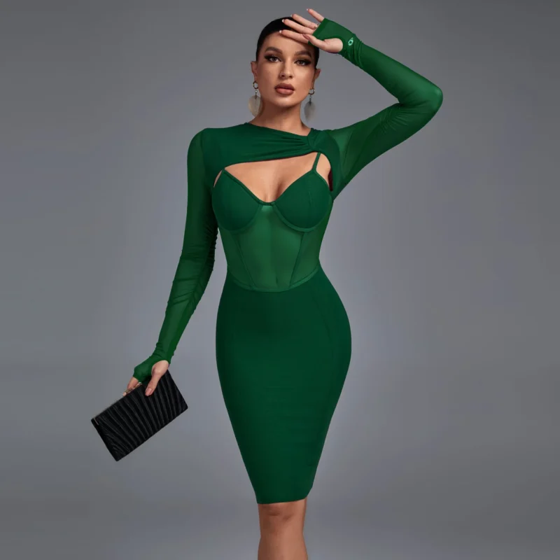 shapeminow Mesh Long Sleeve Pleated Hips Skirt Dress1 | ShapeMiNow is your go-to store for all kinds of body shapers, dresses, and statement pieces.