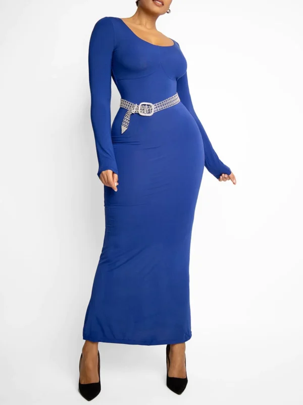 Trifactor long sleeve maxi dress with built in shapewear blue