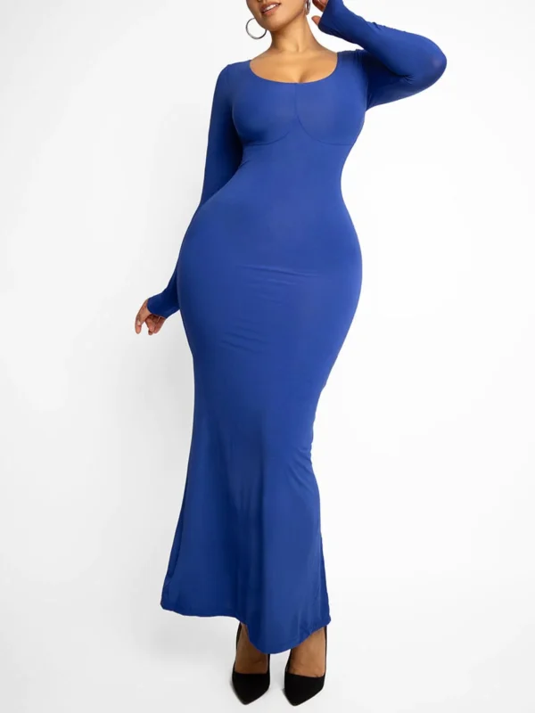 Trifactor long sleeve maxi dress with built in shapewear blue