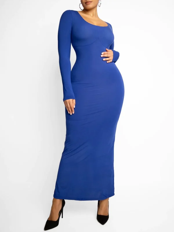 Trifactor long sleeve maxi dress with built in shapewear blue