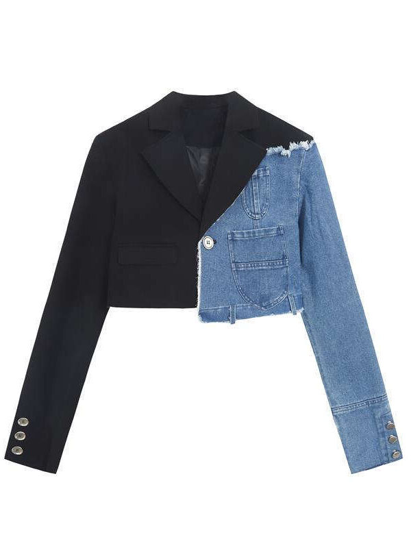 Chic Girl’s 3D Waist Notched Collar Denim Jacket & Mini Skirt Set
