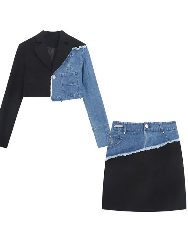 Chic Girl’s 3D Waist Notched Collar Denim Jacket & Mini Skirt Set
