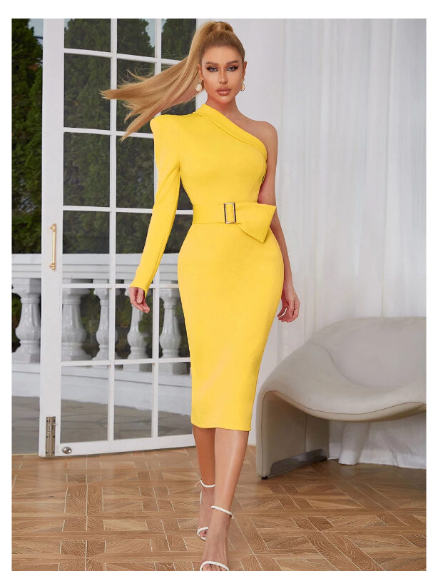 Single Sleeve Bold Belt Bandage Dress