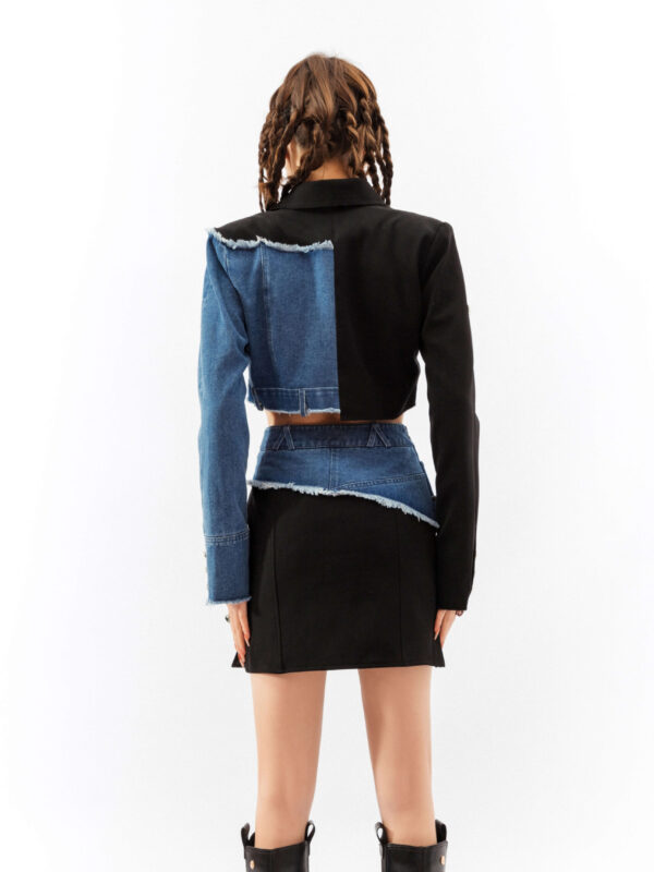 Chic Girlโs 3D Waist Notched Collar Denim Jacket & Mini Skirt Set