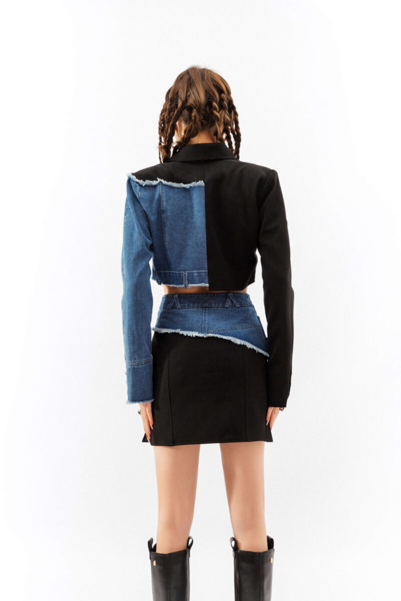 Chic Girl’s 3D Waist Notched Collar Denim Jacket & Mini Skirt Set