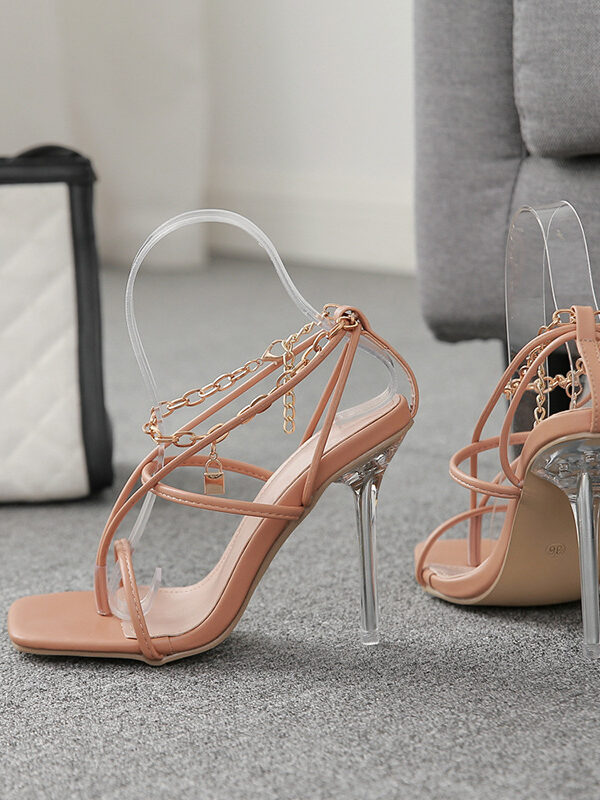 shapeminow Chain Lock Square Toe Stiletto High Heel Sandals