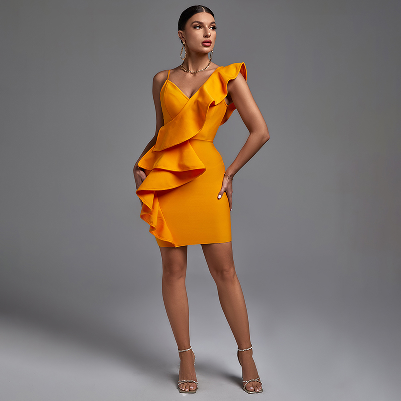 Adorable Sleeveless Frill Mini Bandage Dress Orange 1