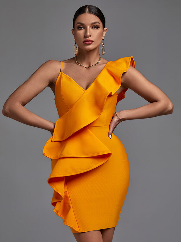 Adorable Sleeveless Frill Mini Bandage Dress Orange 3