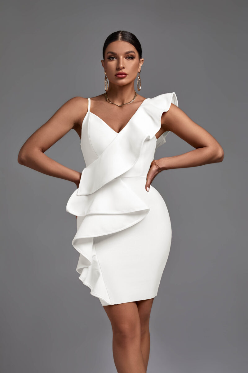 Adorable Sleeveless Frill Mini Bandage Dress White