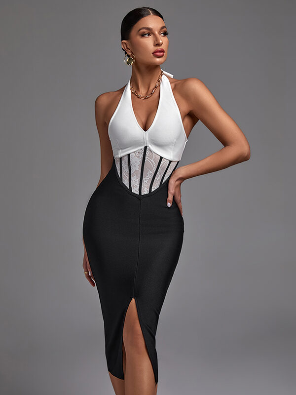 Black White Halter V Neck Midi Dress 3