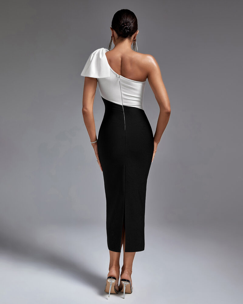 Black White One Shoulder Midi Dress 1