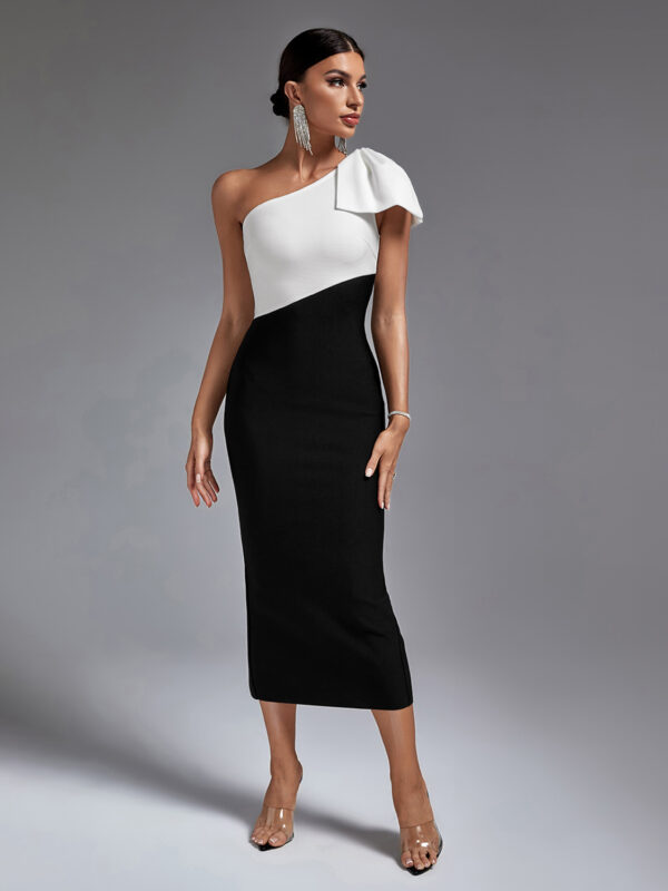 Black White One Shoulder Midi Dress 4