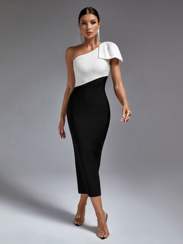 Black White One Shoulder Midi Dress 5