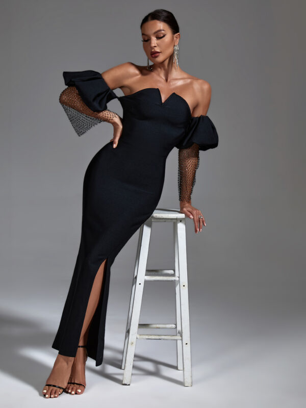 Black off Shoulder Bandage Long Dress 3