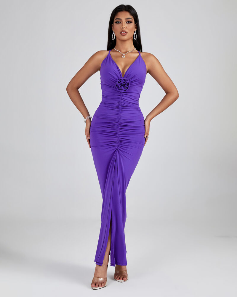Bonny Pleated Backless Maxi Dress Purple 3