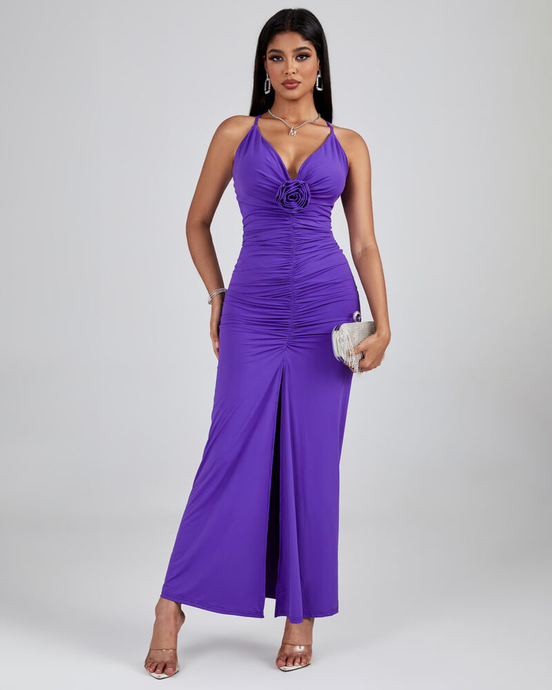 Bonny Pleated Backless Maxi Dress Purple 4