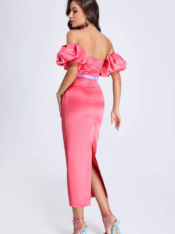 Bubble Sleeves Satin Midi Dress Pink 1
