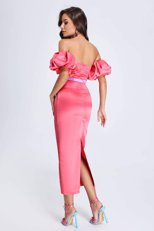 Bubble Sleeves Satin Midi Dress Pink 1