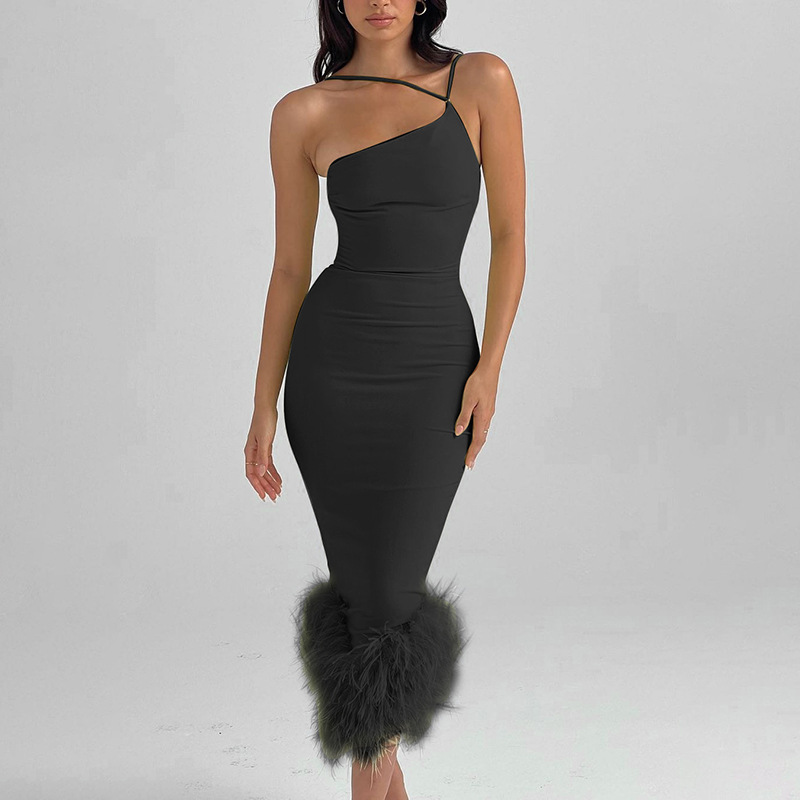 Casual One Shoulder Feather Midi Dress Black 2