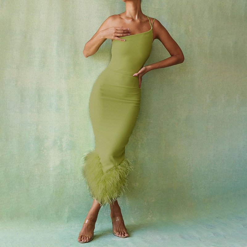 Casual One Shoulder Feather Midi Dress Green 4